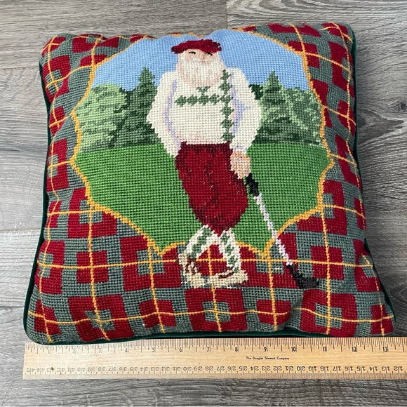 Needlepoint Golf Pillow Handmade Vintage Decorative 13x13  Golfer Velvet Zipper - Picture 6 of 9